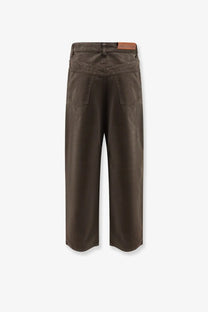 Darkpark men’s dark brown wide-leg cotton trousers with classic denim texture and leather brand patch at waistband
