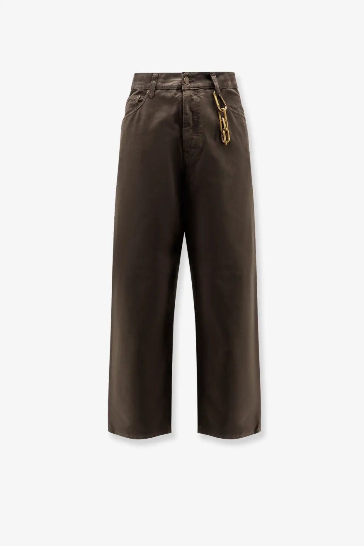 Darkpark men’s brown cotton trousers with wide-leg satin finish and gold-toned chain detail at waistband