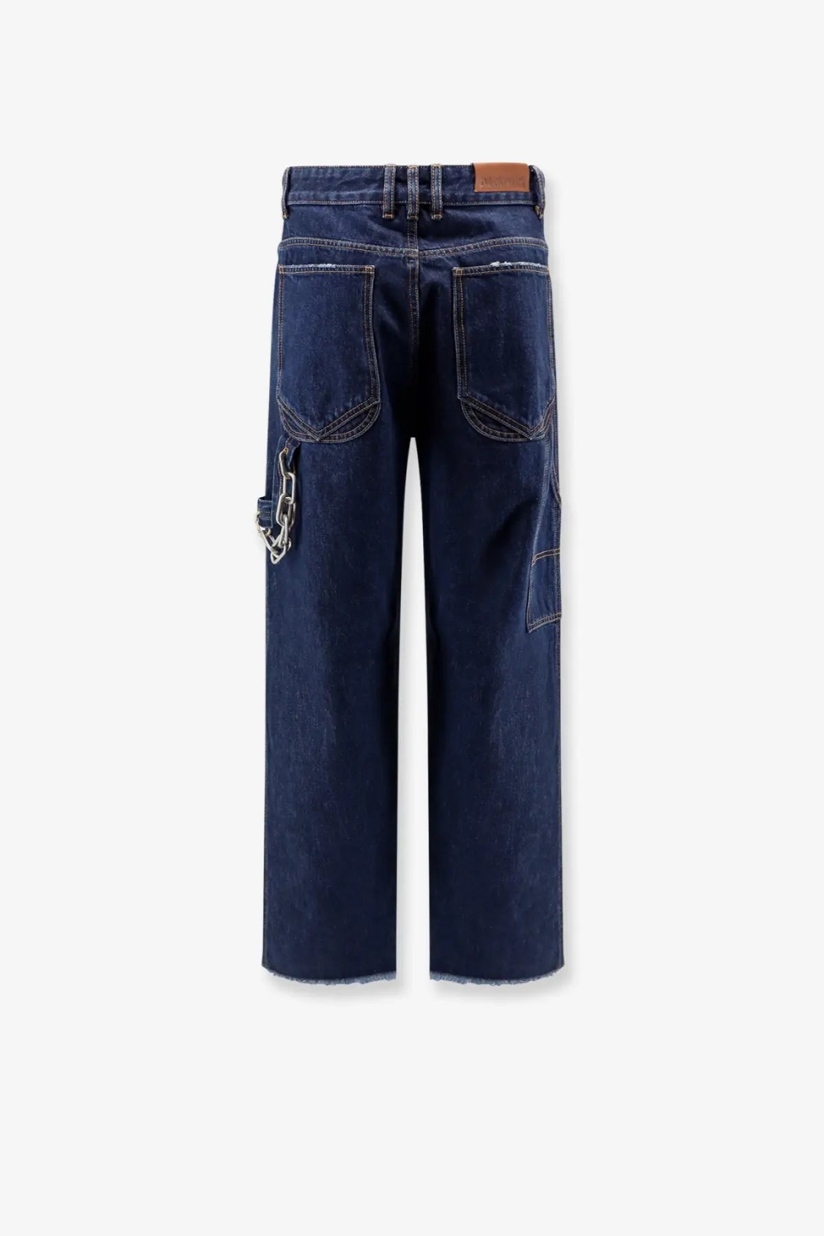 Darkpark men’s john jeans brown dark blue denim with straight-leg cut frayed hems and chain detail on left pocket