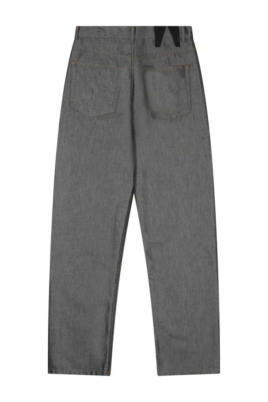 Dark gray denim jeans with straight-leg cut and classic back pockets shown from the back by darkpark women’s denim pants grey