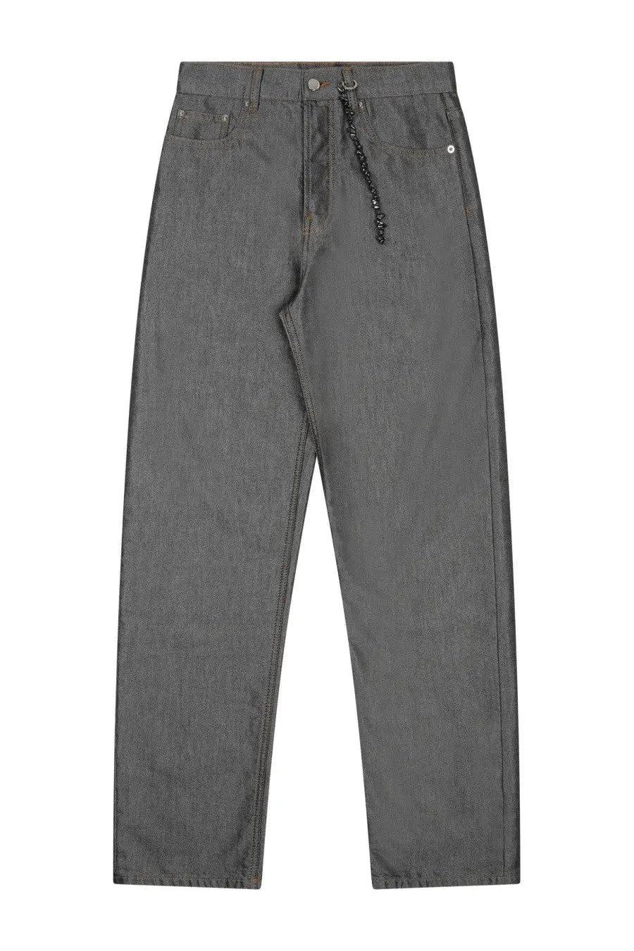 Dark gray denim jeans with subtle textured weave and decorative beaded chain on front button by darkpark women