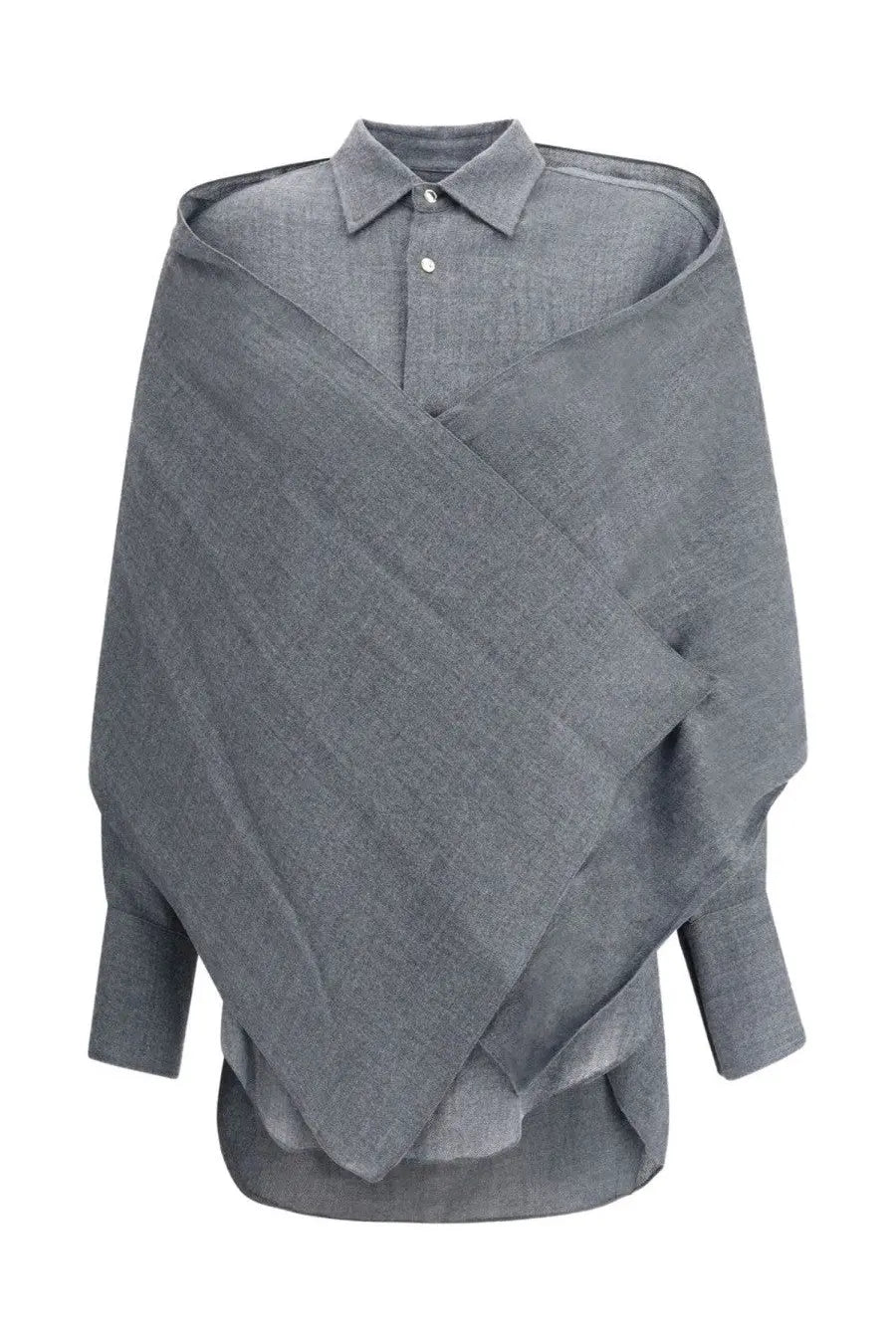 Darkpark women’s giorgia shirt grey shown with a gray textured woolen shawl draped over the matching button-up wool shirt