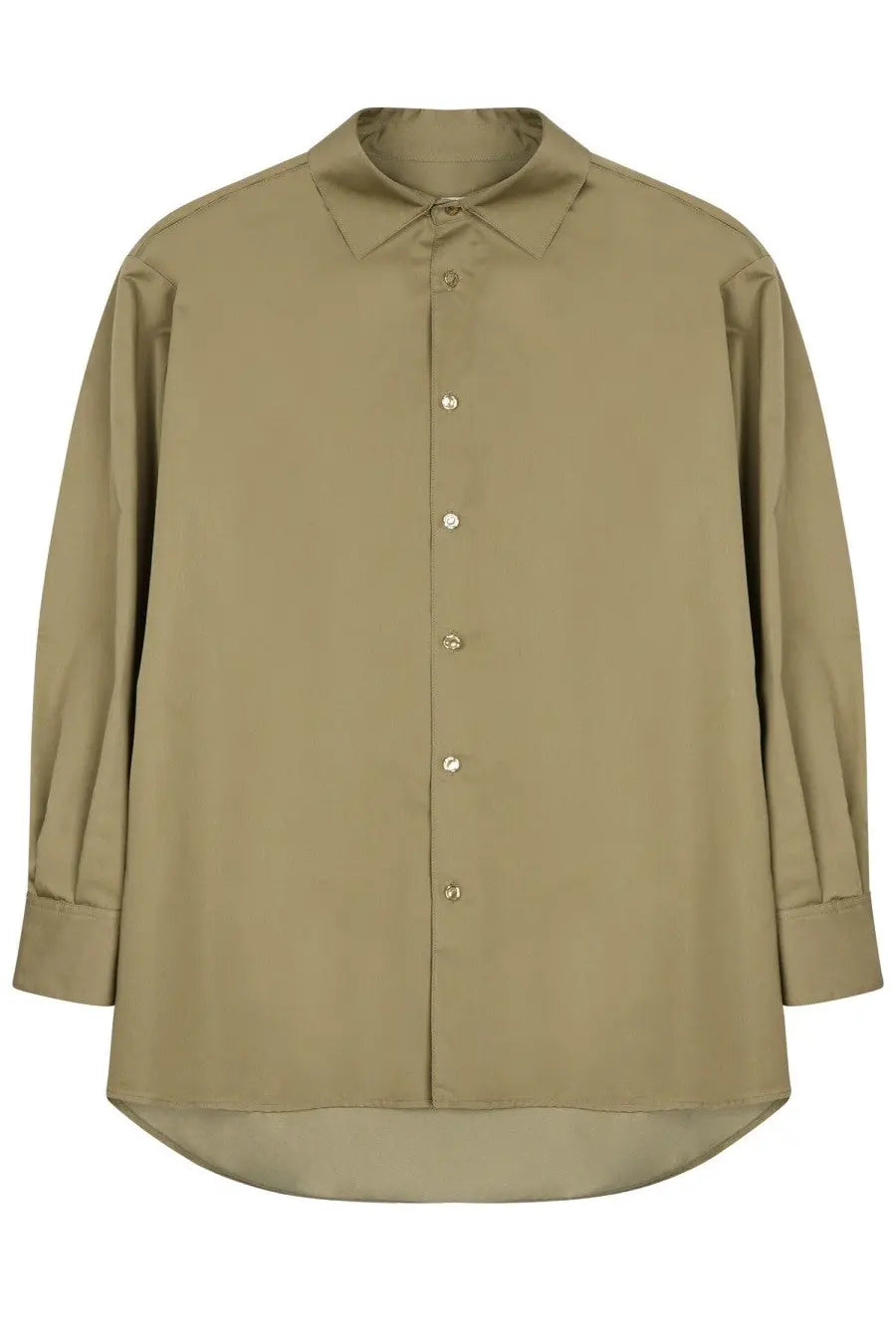 Olive green satin button-down shirt with classic collar and long sleeves from darkpark womens collection