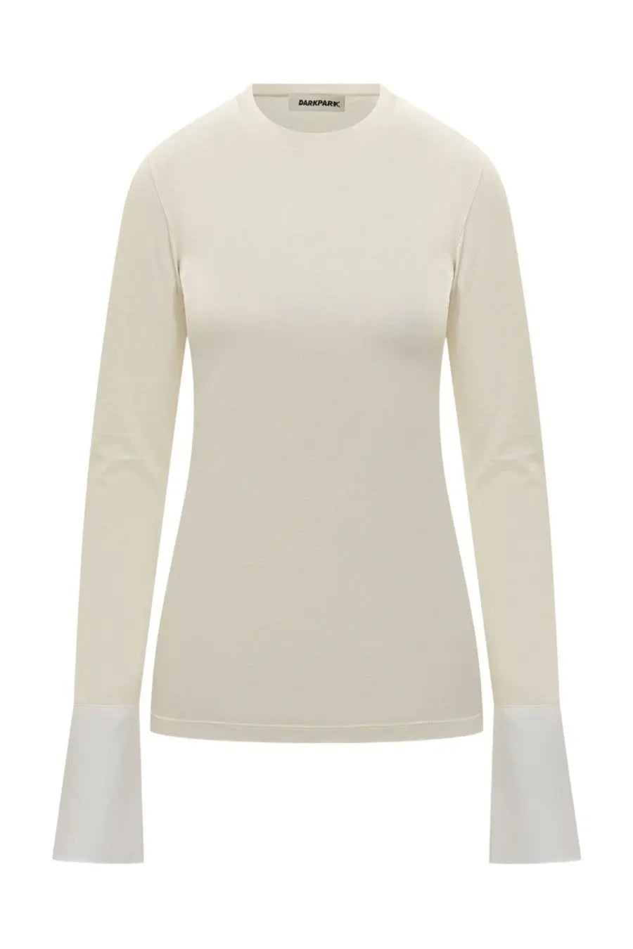 Cream-colored long-sleeved shirt with ribbed texture and flared cuffs by darkpark for women Nora White model