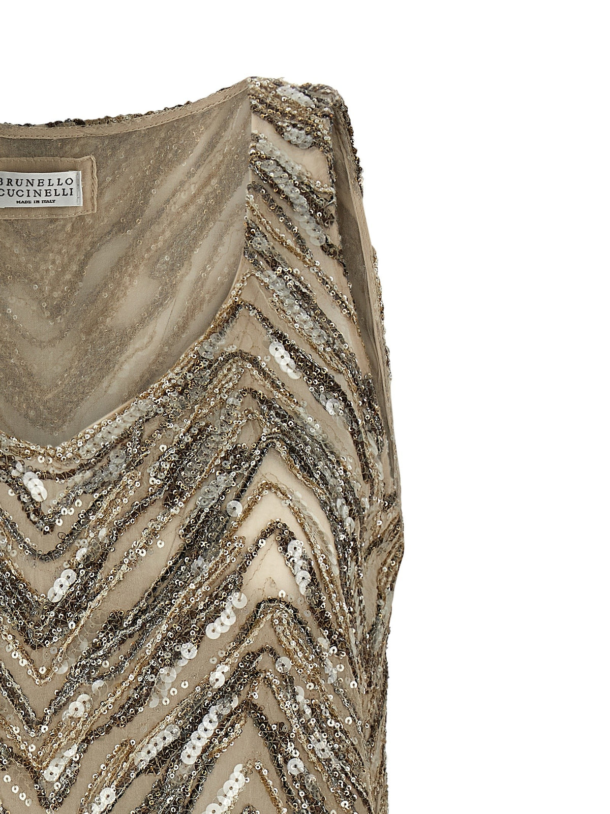 Brunello Cucinelli Dazzling Chevron Embroidery Top Beige, view 3