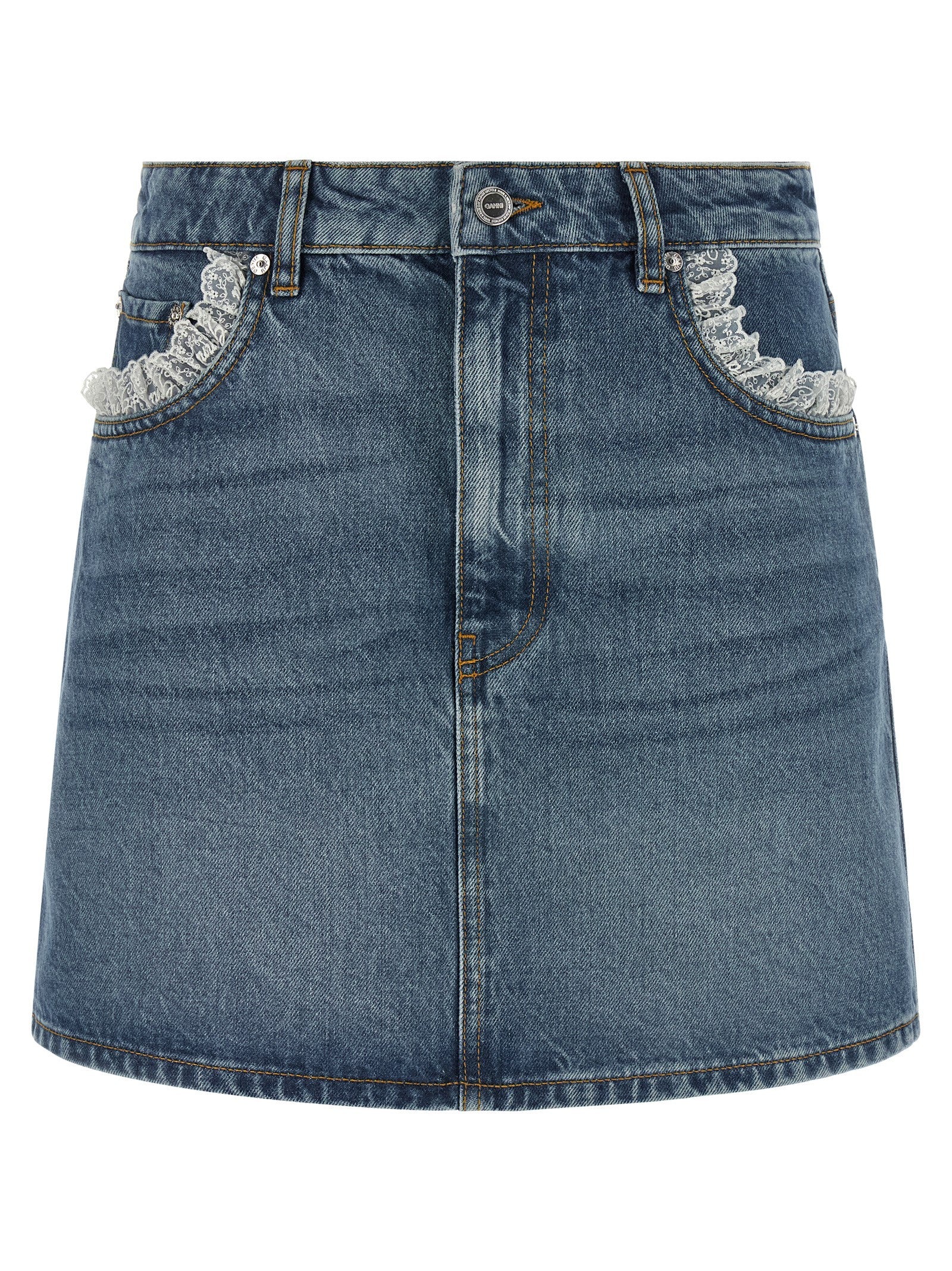Ganni Denim and Lace Skirt Blue