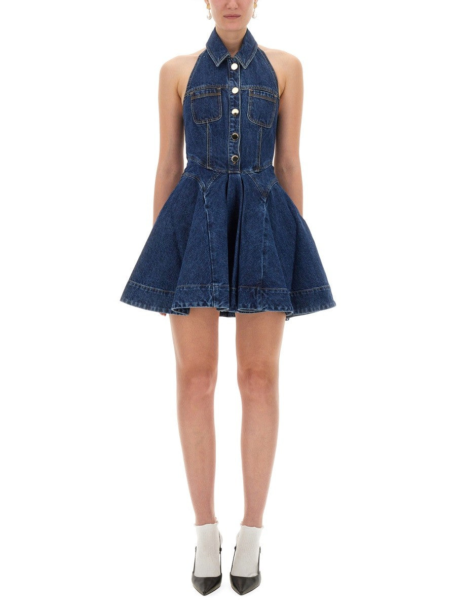 self-portrait Women's Denim Flared Mini Dress Blue self-portrait