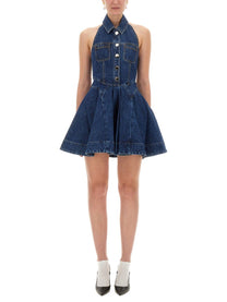 self-portrait Women's Denim Flared Mini Dress Blue self-portrait