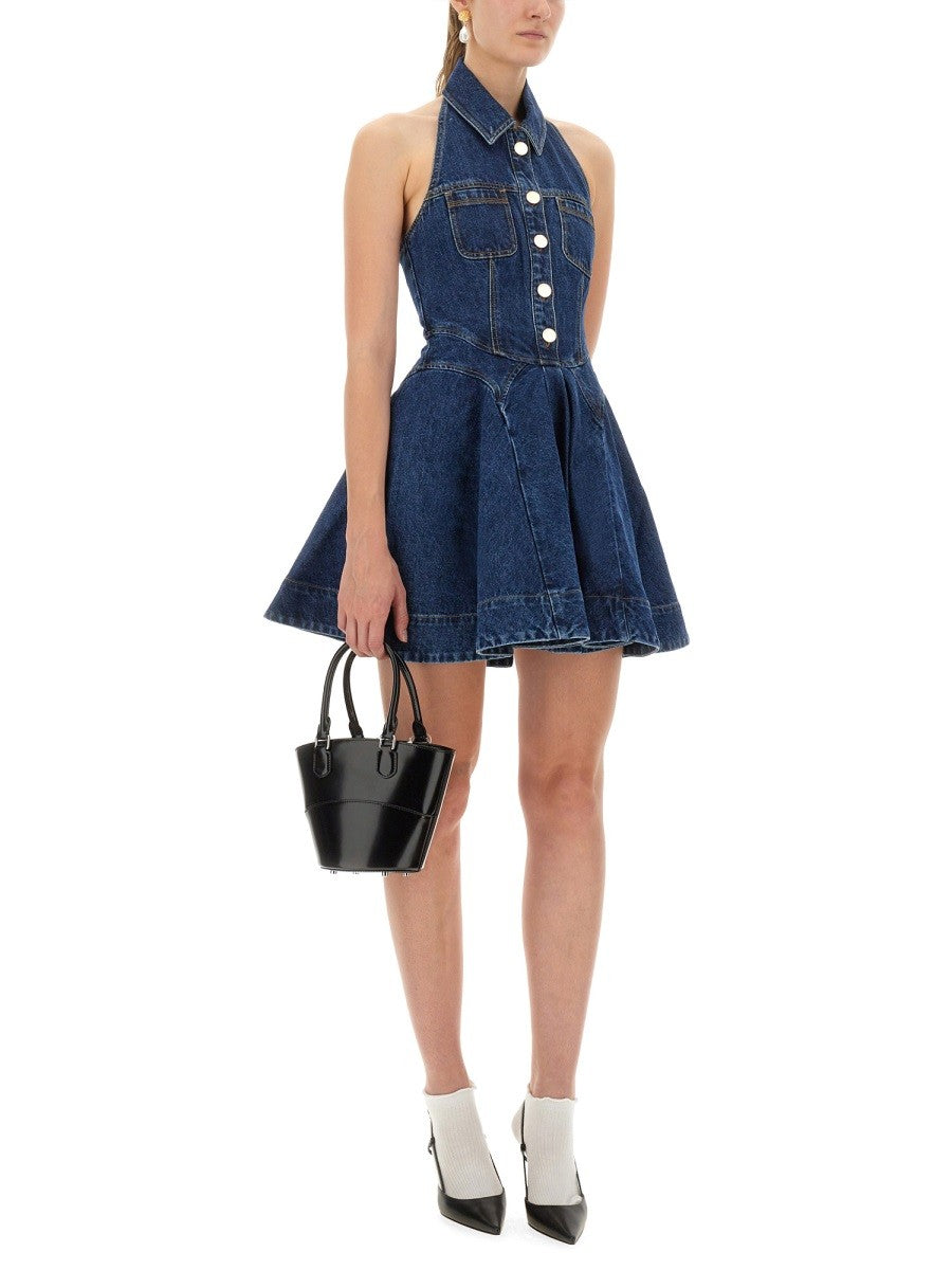 self-portrait Women's Denim Flared Mini Dress Blue self-portrait