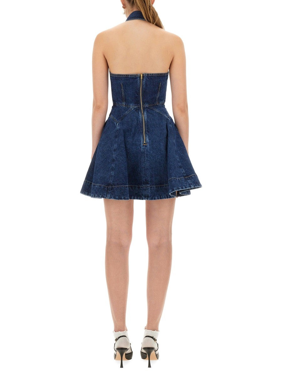 self-portrait Women's Denim Flared Mini Dress Blue self-portrait