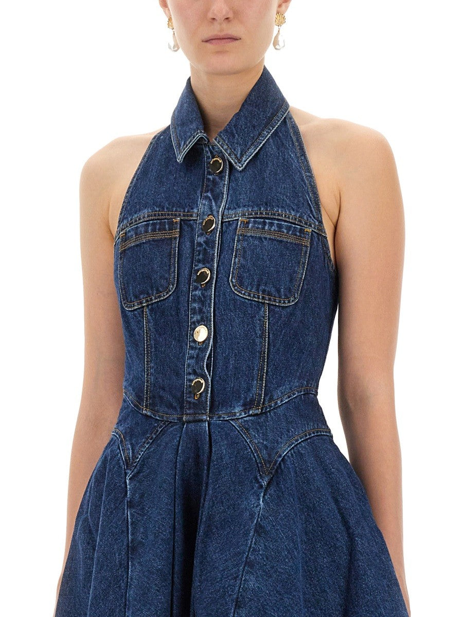 self-portrait Women's Denim Flared Mini Dress Blue self-portrait