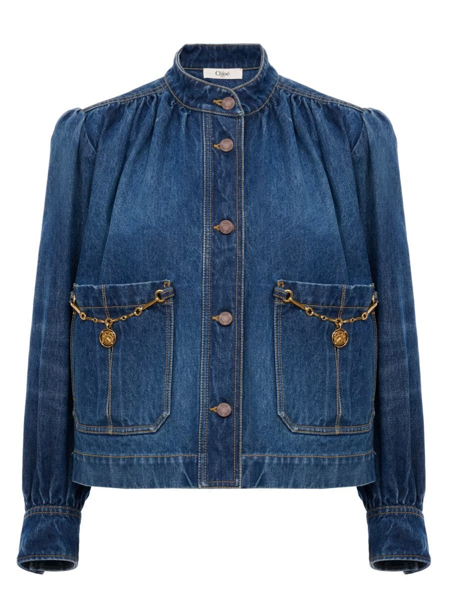 Chloé Women's Denim High Neck Gathered Jacket Blue