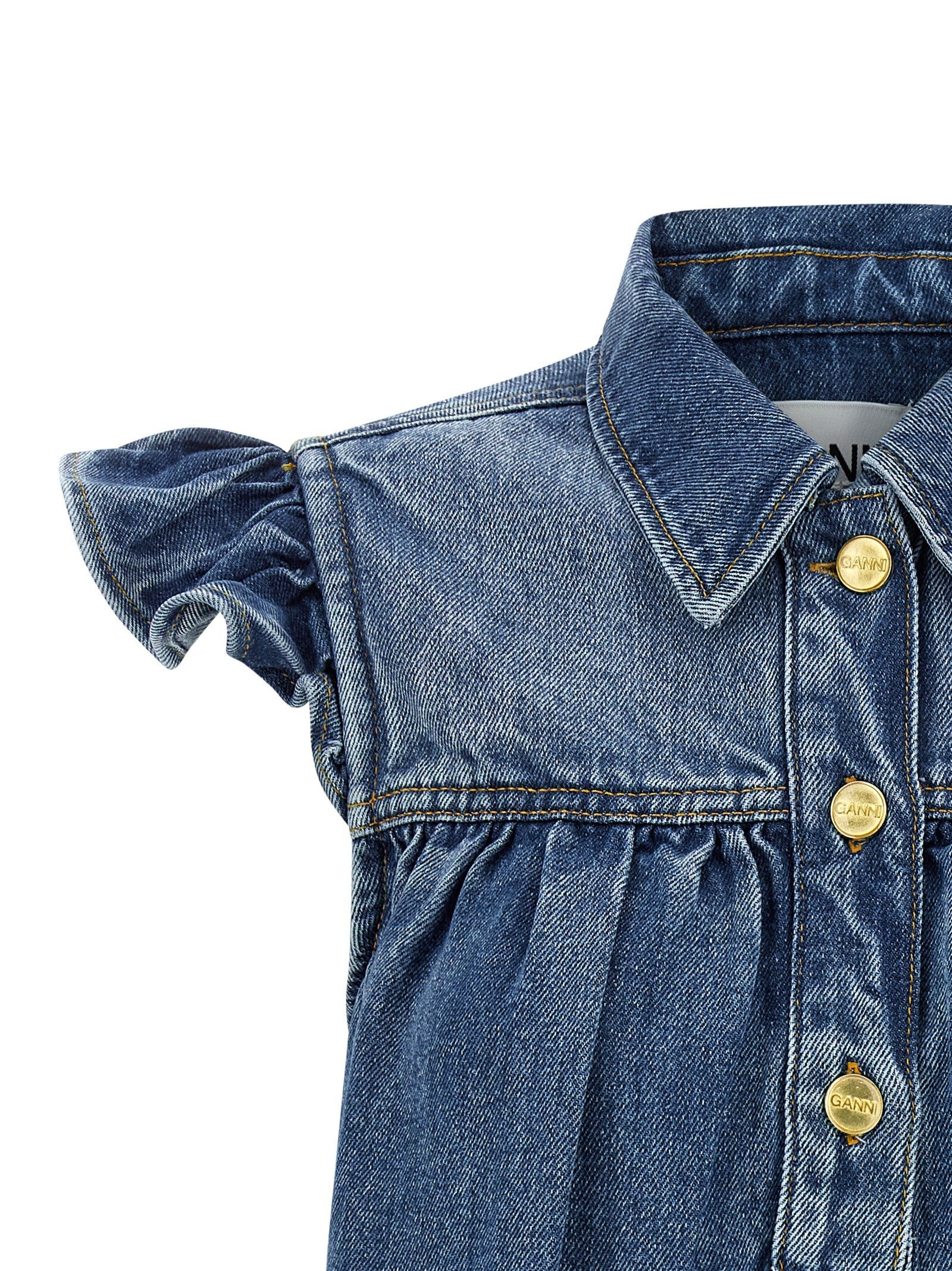 Ganni Denim Ruffle Top Blue