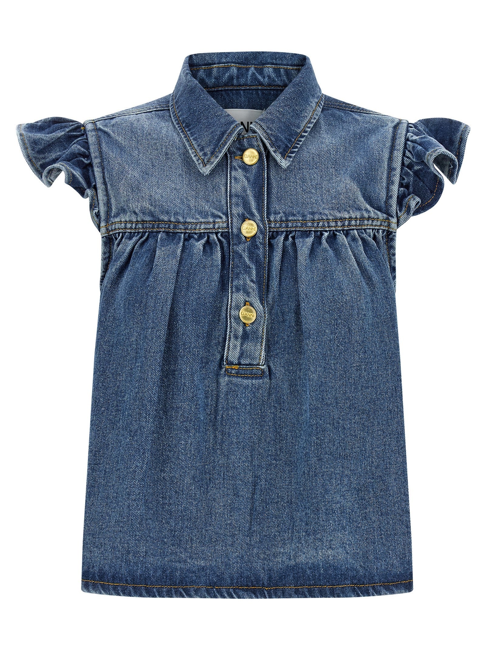 Ganni Denim Ruffle Top Blue