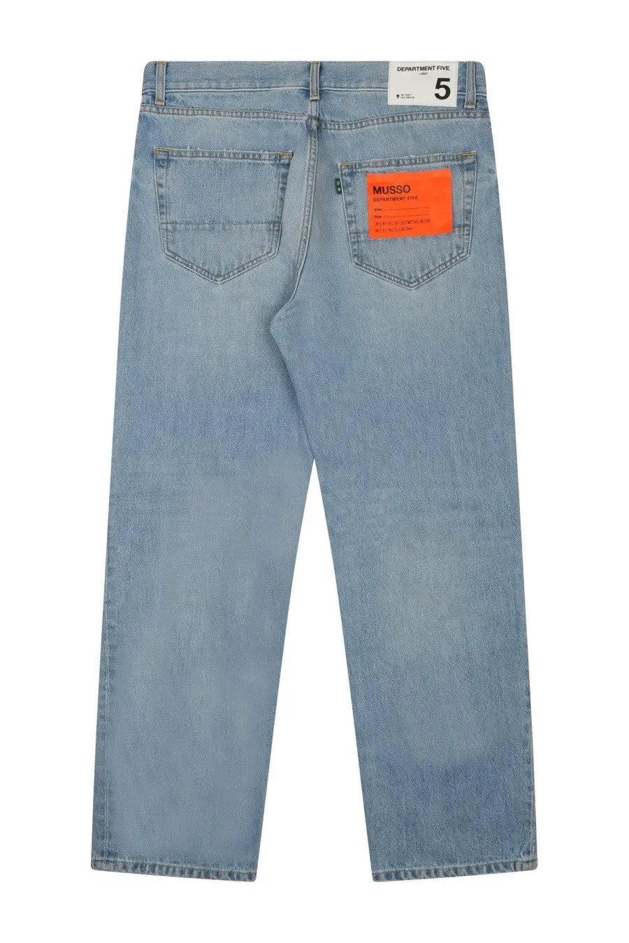 Light-wash denim straight-leg jeans by Department Five showing the back with orange label and white brand tag