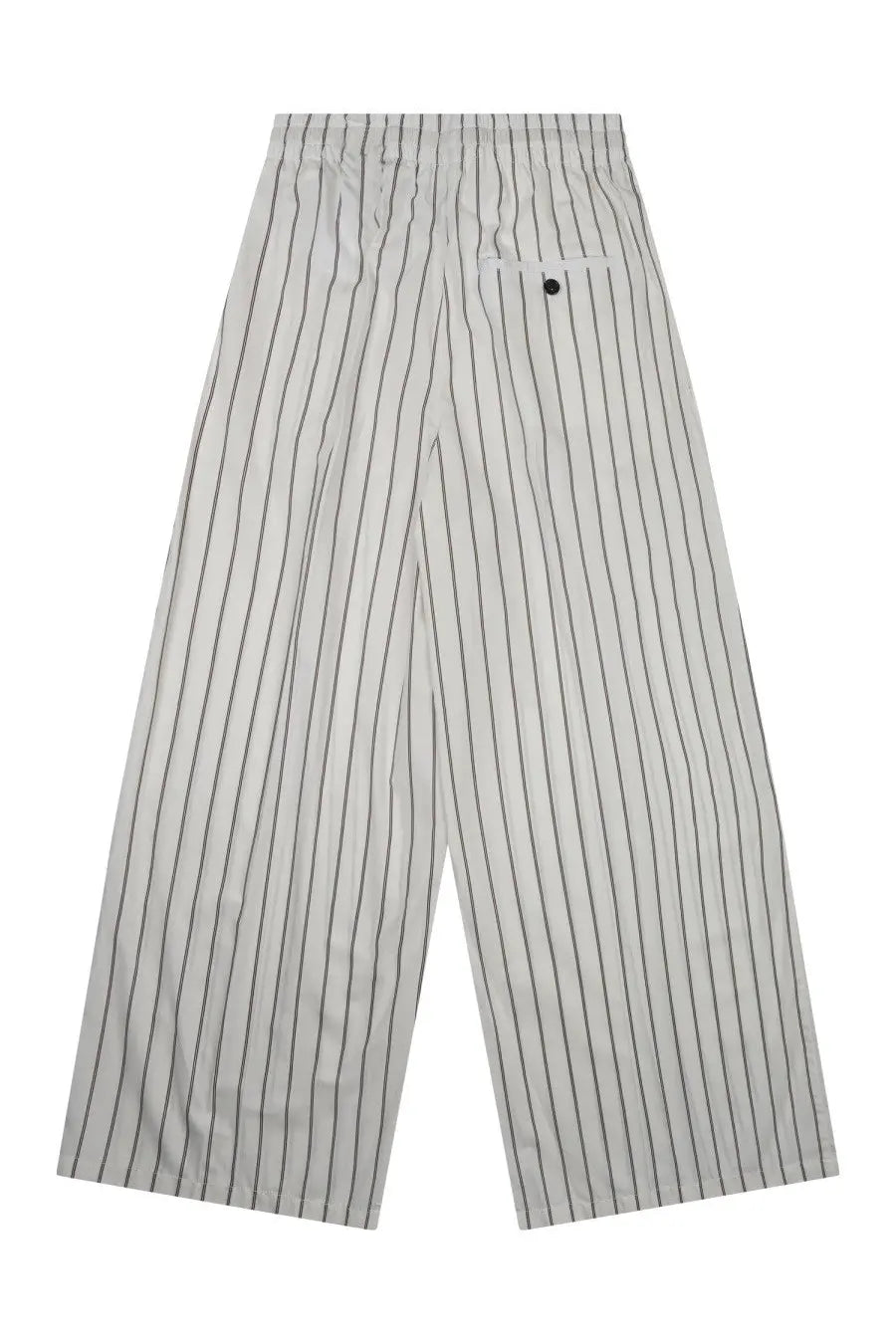 Back view of department five women’s pantalone sly palazzo white pinstripe wide-leg trousers with black button detail