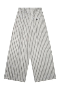 Back view of department five women’s pantalone sly palazzo white pinstripe wide-leg trousers with black button detail
