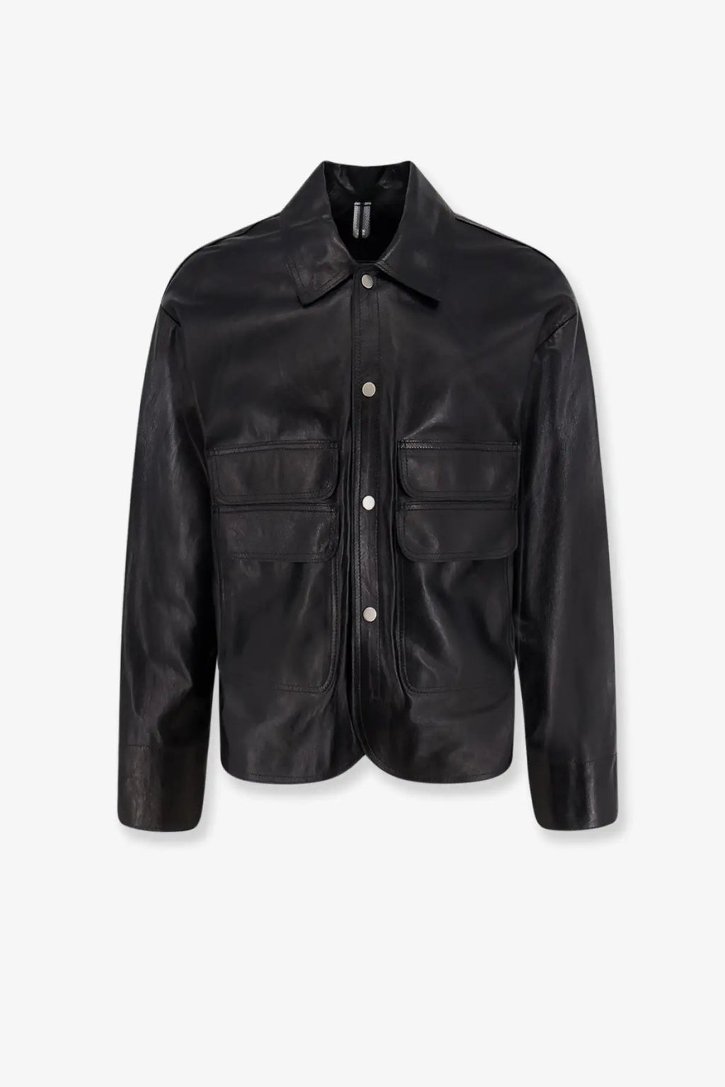 Dfour men’s black leather jacket with classic collar front button closure and two chest pockets