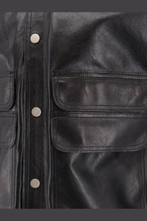 Dfour men’s black leather jacket with silver buttons and flap pockets in black leather material