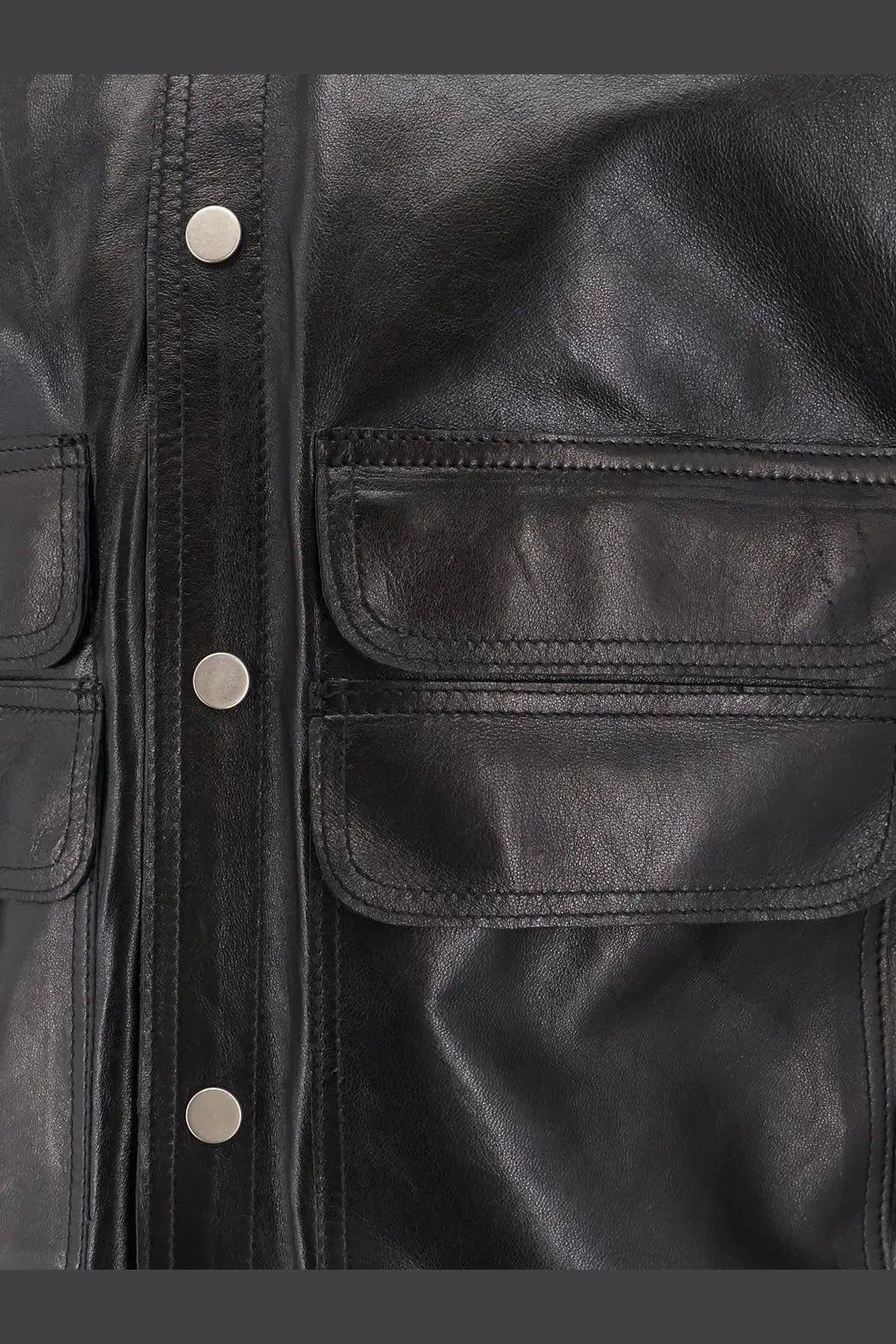 Dfour men’s black leather jacket with silver buttons and flap pockets in premium leather material