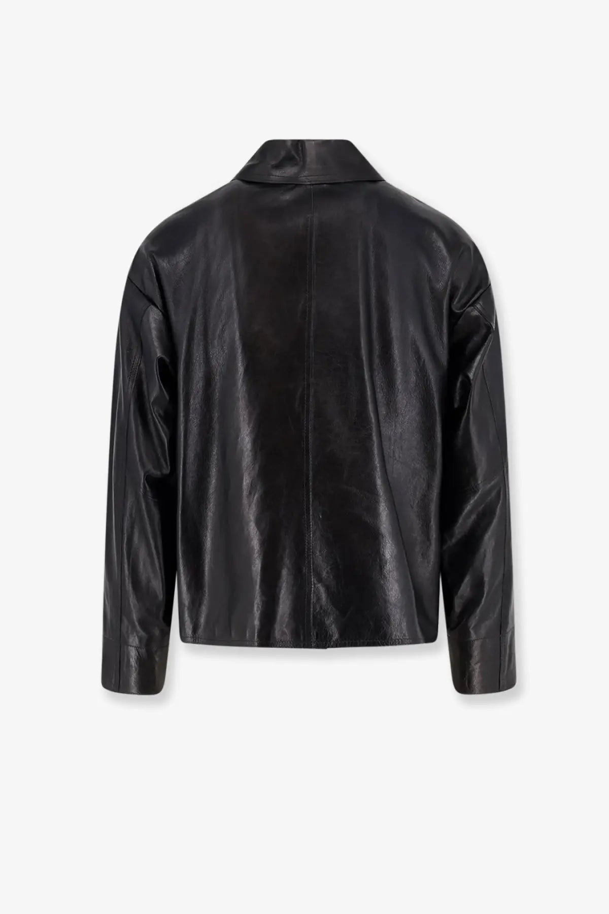 Dfour men’s black leather jacket with sleek glossy finish and structured shoulders in premium genuine leather