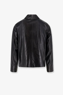 Dfour men’s black leather jacket with sleek glossy finish and structured shoulders in premium genuine leather