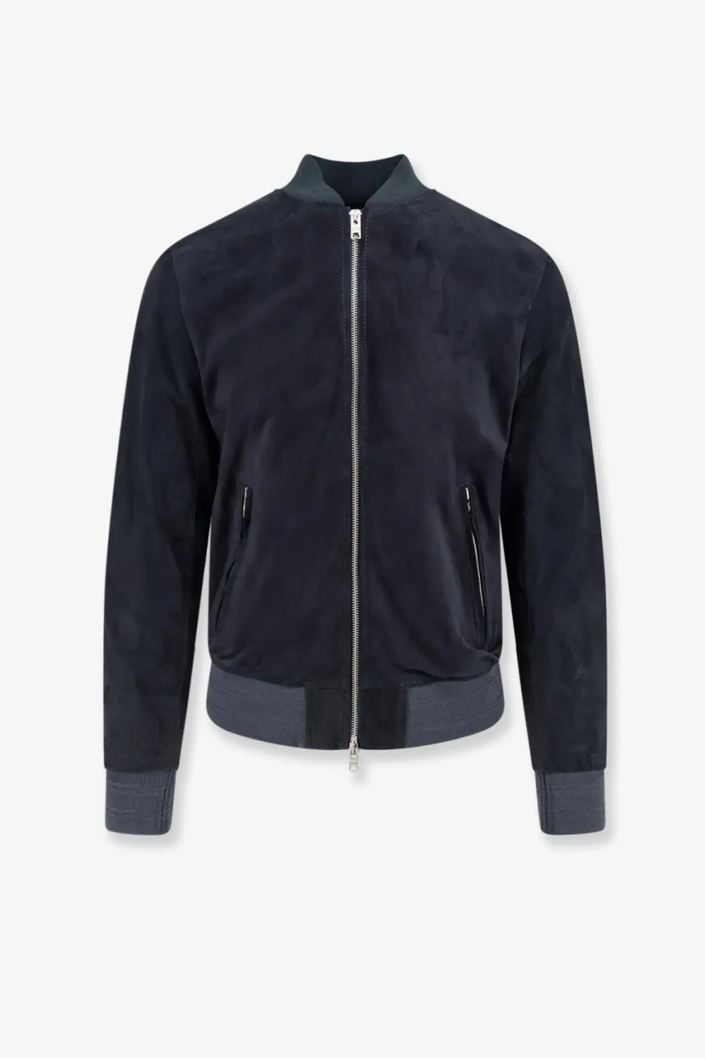 Dfour men’s suede bomber jacket in black with contrasting dark gray ribbed cuffs collar and waistband