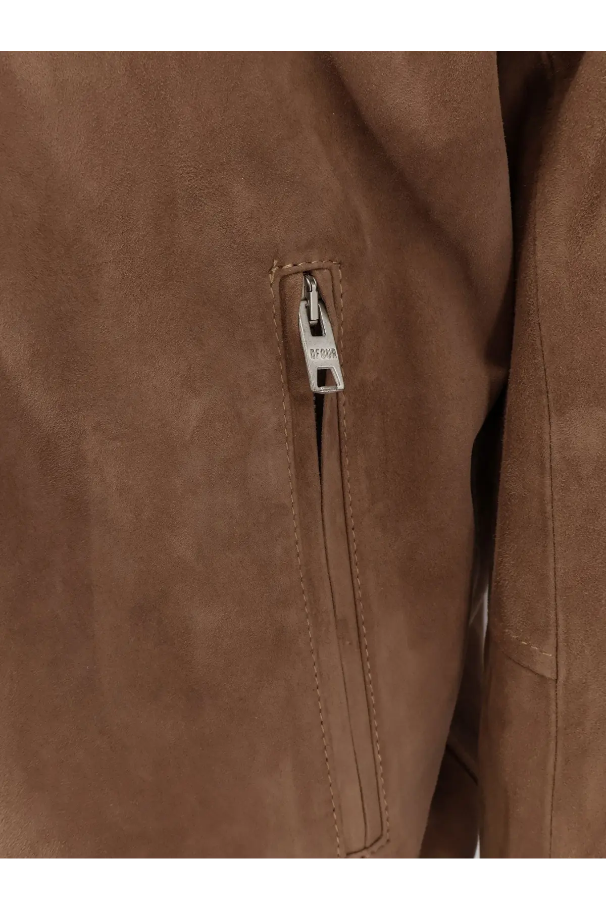 Dfour men’s suede jacket gold in tan with silver zipper pull engraved with brand name baggage