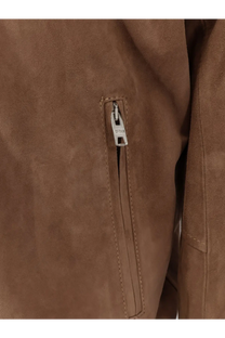 Dfour men’s suede jacket gold in tan with silver zipper pull engraved with brand name baggage