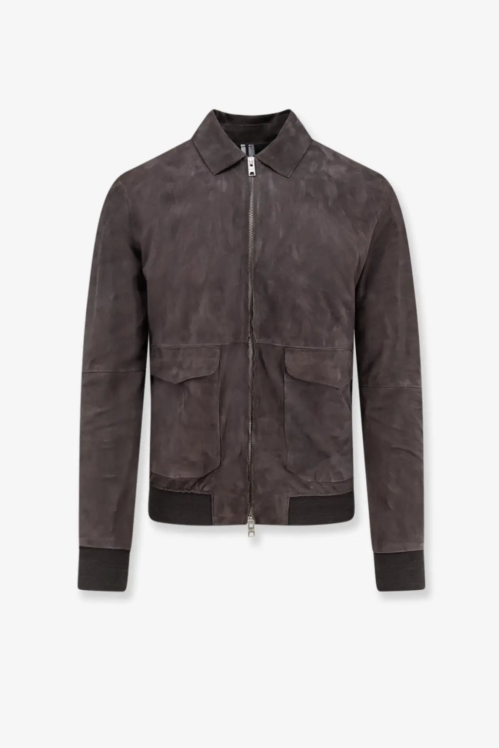 Dfour men’s dark gray suede bomber jacket with collar and two front pockets in piombo color