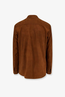 Dfour men’s beige suede shirt with classic collar and long sleeves in brown suede material