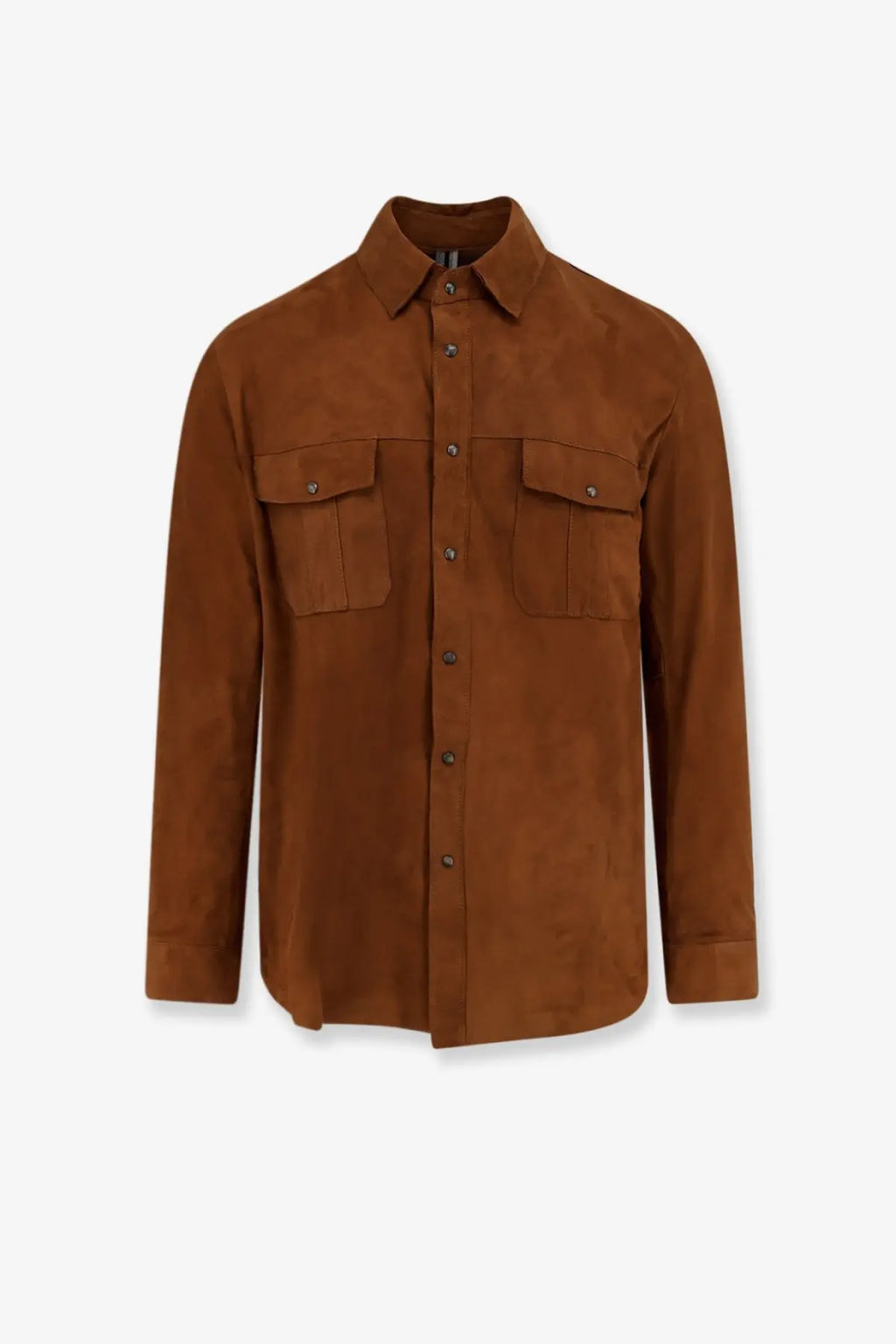 Dfour men’s beige suede button-up shirt with two chest pockets and a classic collar in rich brown tone