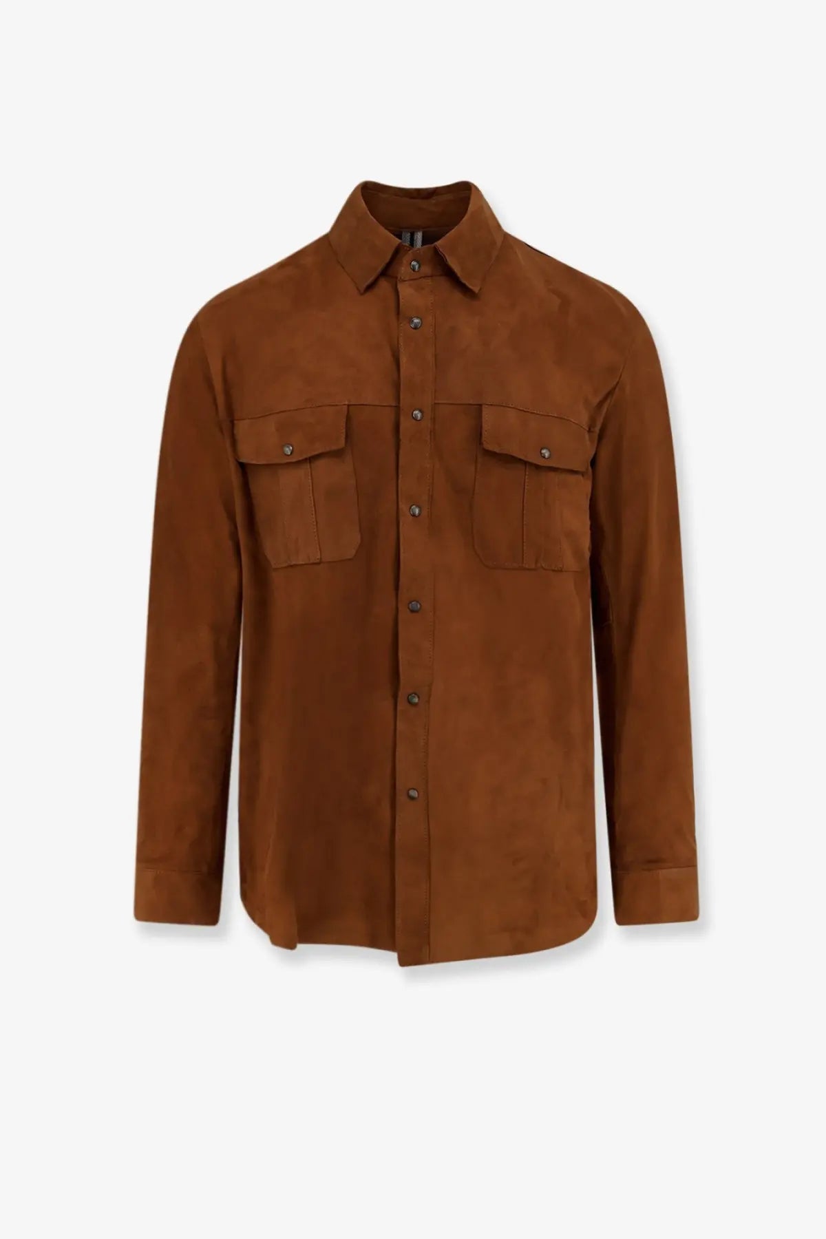 Dfour men’s beige suede button-up shirt with two chest pockets and a classic collar in rich brown tone