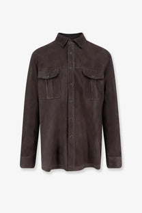 Dfour men’s suede shirt piombo dark brown button-up with two chest pockets and classic collar