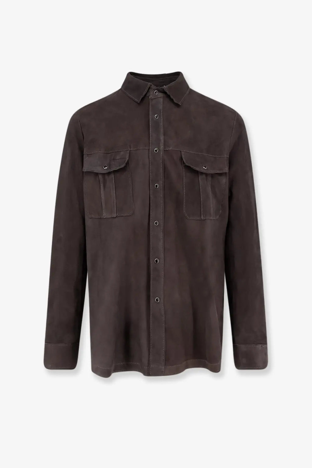 Dfour men’s dark brown suede button-up shirt with two chest pockets and classic collar piombo style