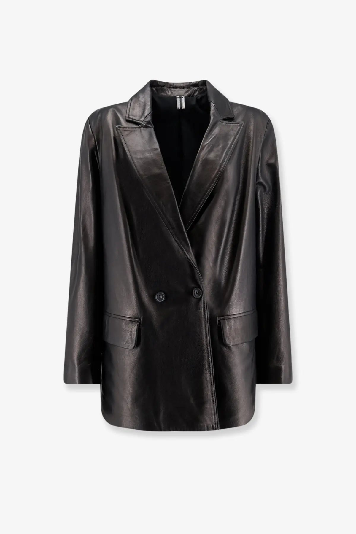 Dfour women’s leather jacket black with sleek double-breasted design and subtle sheen on black leather blazer