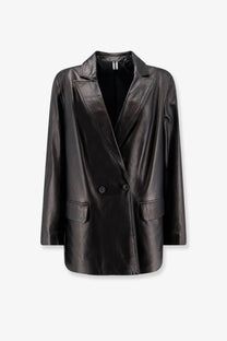 Dfour women’s leather jacket black with sleek double-breasted design and subtle sheen on black leather blazer