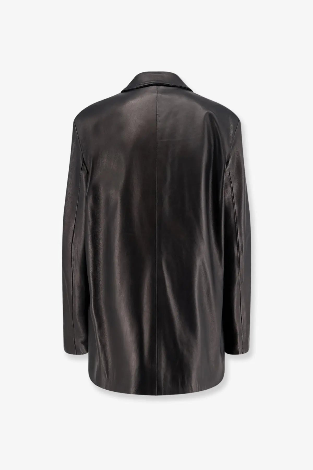 Dfour women’s black leather blazer with sleek glossy finish and classic collar perfect for stylish outerwear