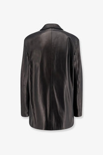 Dfour women’s black leather blazer with sleek glossy finish and classic collar perfect for stylish outerwear