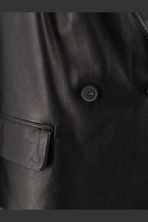 Dfour women’s black leather jacket with matte black button and subtle stitching details in leather material