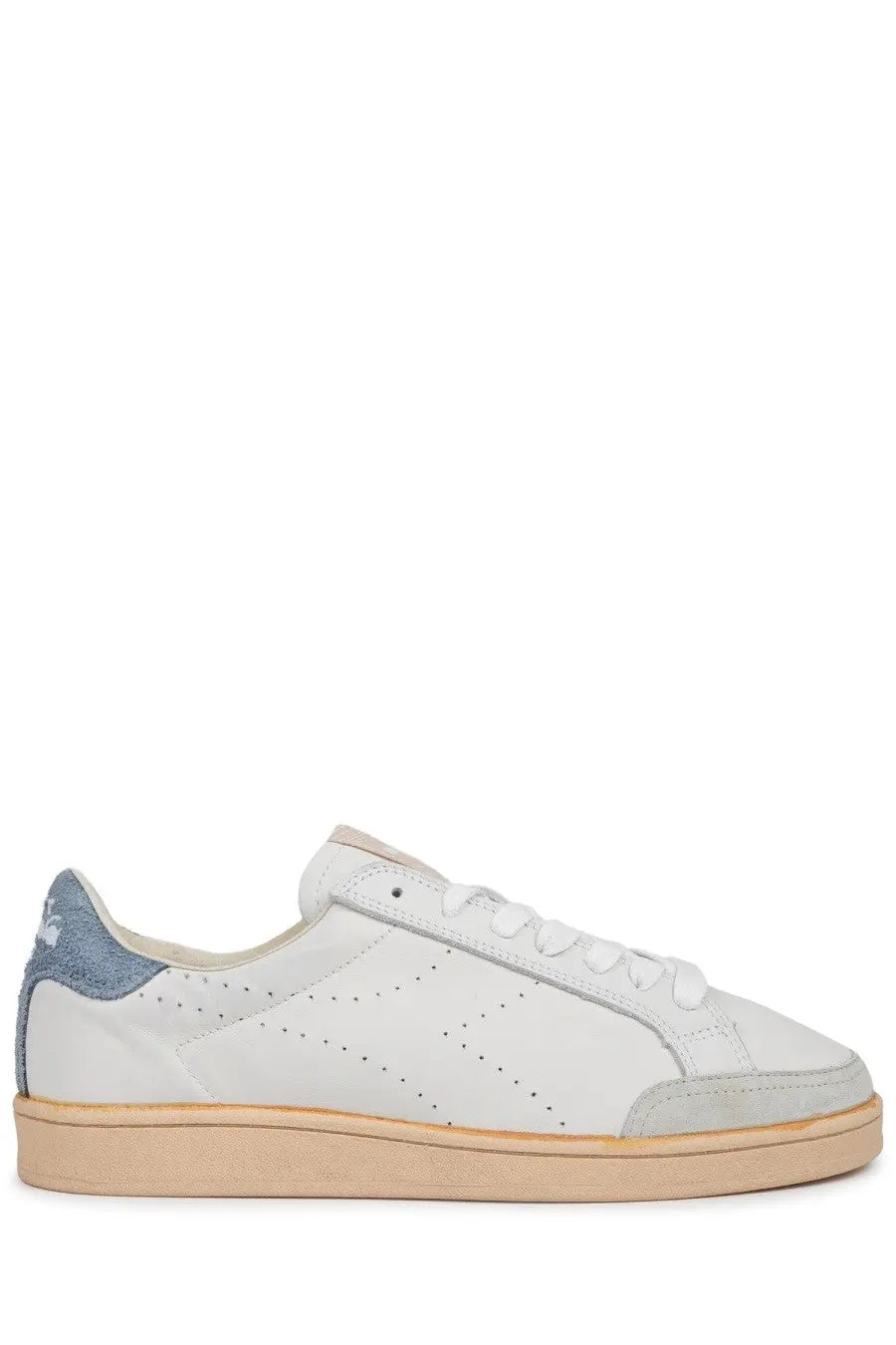 Diadora men’s sneaker prestige plain used white low-top sneaker with white leather, light blue suede heel, and beige sole