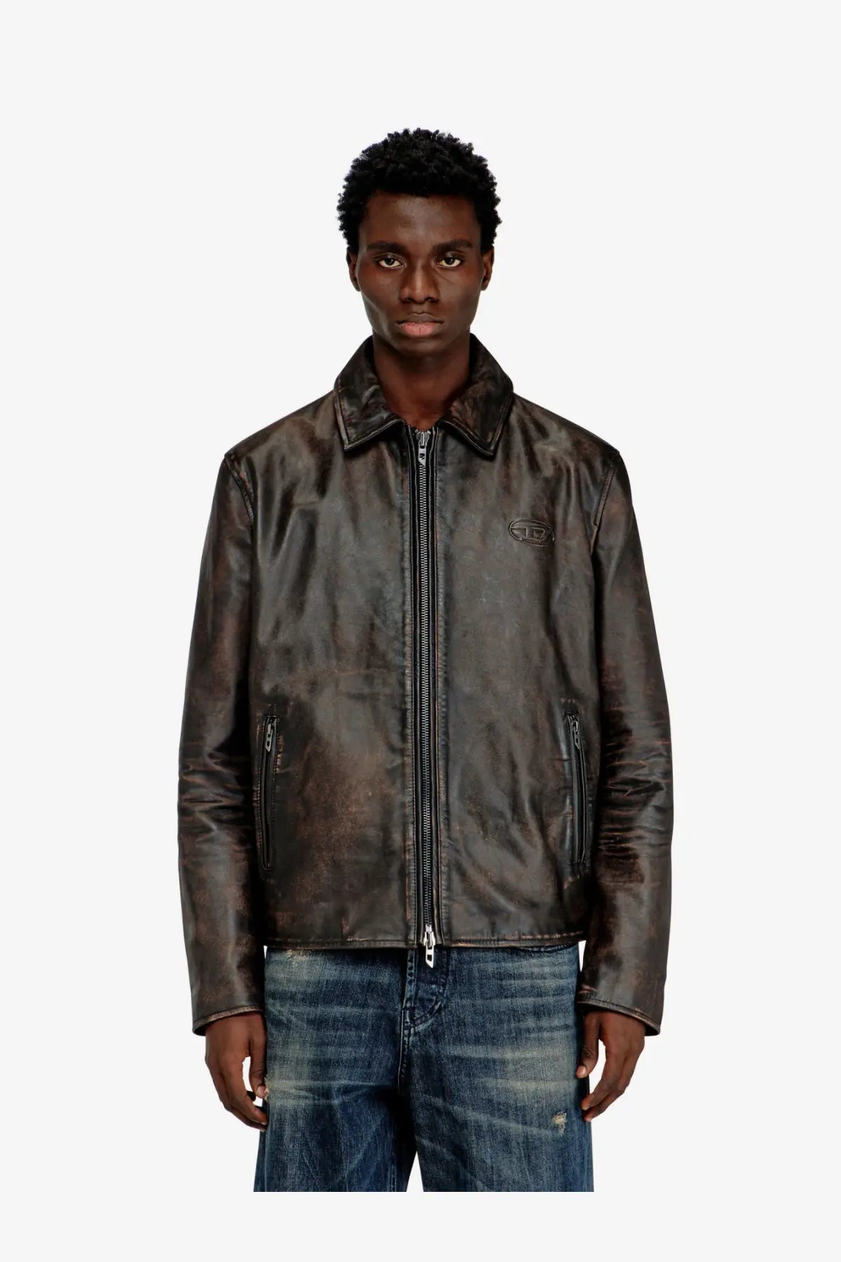 Diesel men’s Amar Wrd leather jacket in dark brown distressed leather with subtle embossed logo on left chest