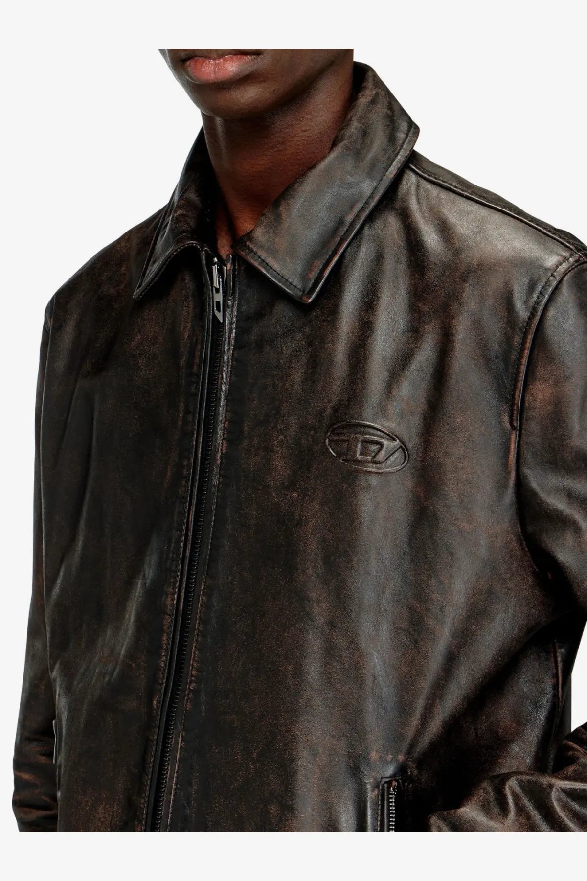 Diesel men’s amar wrd brown leather jacket in dark brown distressed leather with subtle embossed logo on the chest