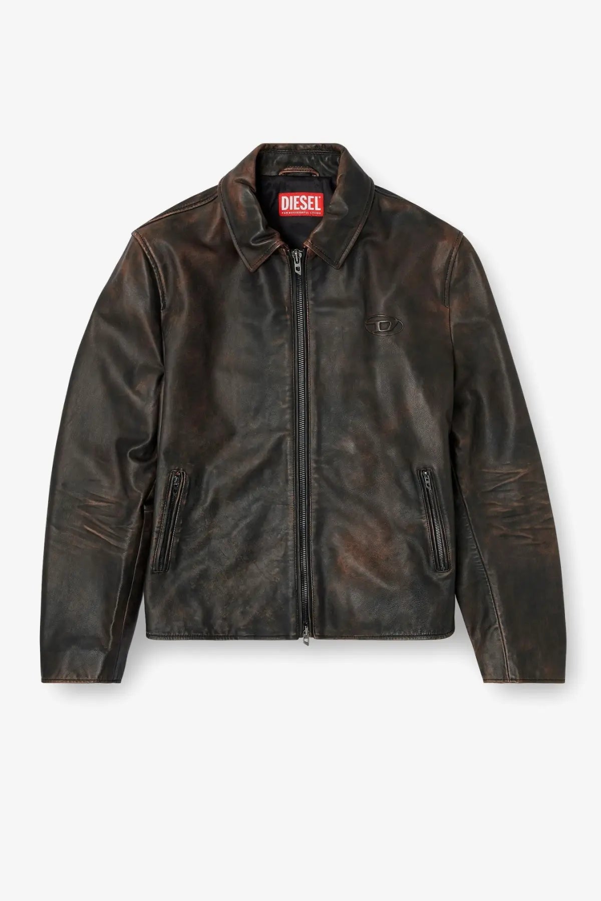 Diesel men’s amar wrd leather jacket brown dark brown distressed leather with embossed logo and red diesel tag at collar