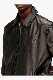 Diesel men’s Amar Wrd dark brown distressed leather jacket with a subtle embossed logo on the chest