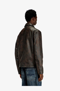 Diesel men’s Amar Wrd leather jacket in dark brown distressed leather with classic collar and seam detailing