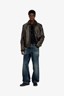 Diesel men’s Amar Wrd leather jacket brown in dark brown with a subtle distressed finish and classic collar