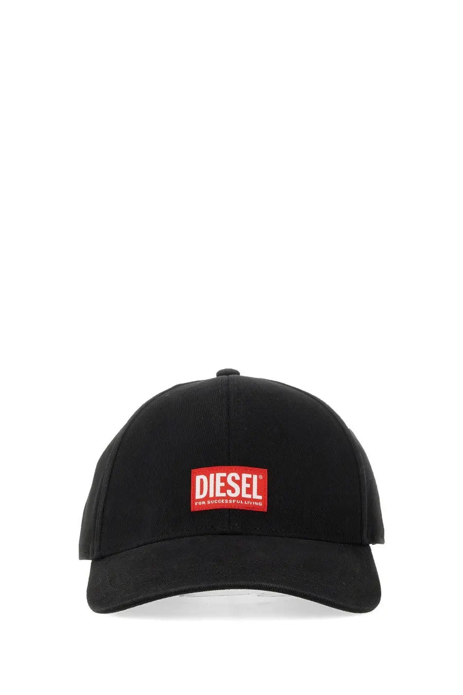 Diesel men’s black diesel baseball hat featuring a red rectangular fabric logo patch with white lettering