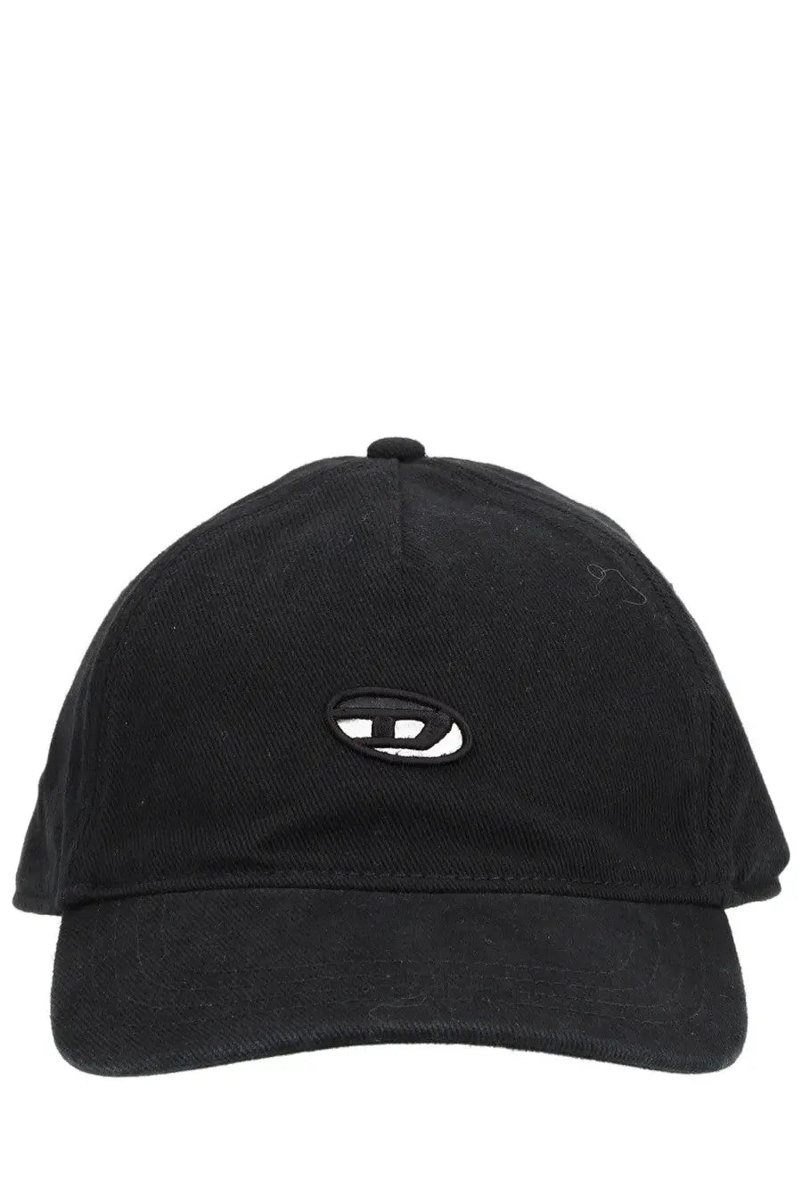 Black denim baseball cap with white embroidered logo on front by Diesel men’s baseball hat black