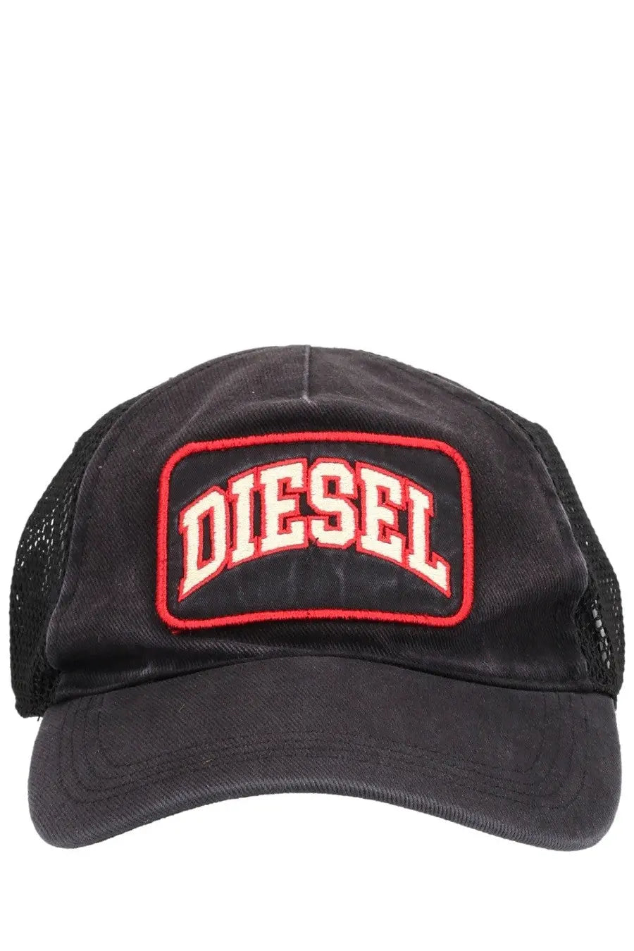 Black diesel men’s baseball hat featuring a red and white embroidered logo patch on the front panel